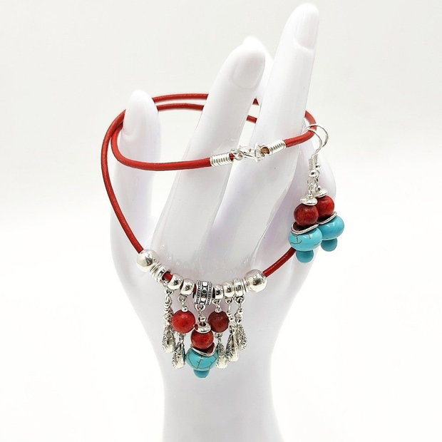 Set handmade colier si cercei, Poveste in turcoaz si coral, 4669