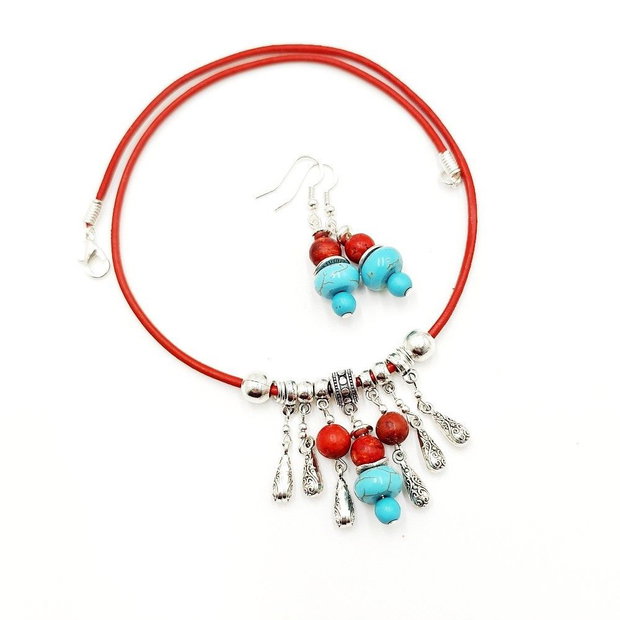 Set handmade colier si cercei, Poveste in turcoaz si coral, 4669