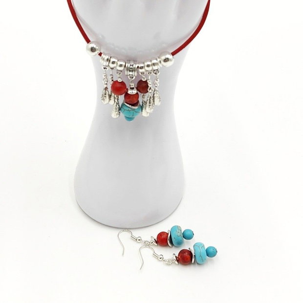 Set handmade colier si cercei, Poveste in turcoaz si coral, 4669