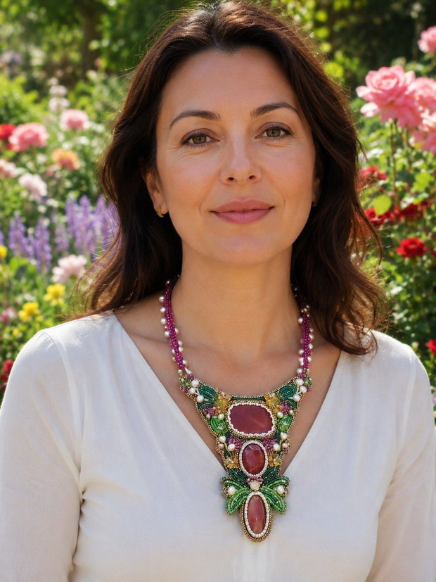 Colier statement handmade cu agate naturale și broderie din mărgele