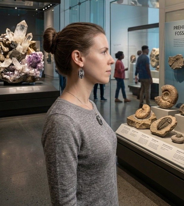 Set compus din cercei si pandandiv, cu tema paleontologica, mulaje cu fosile de stele de mare