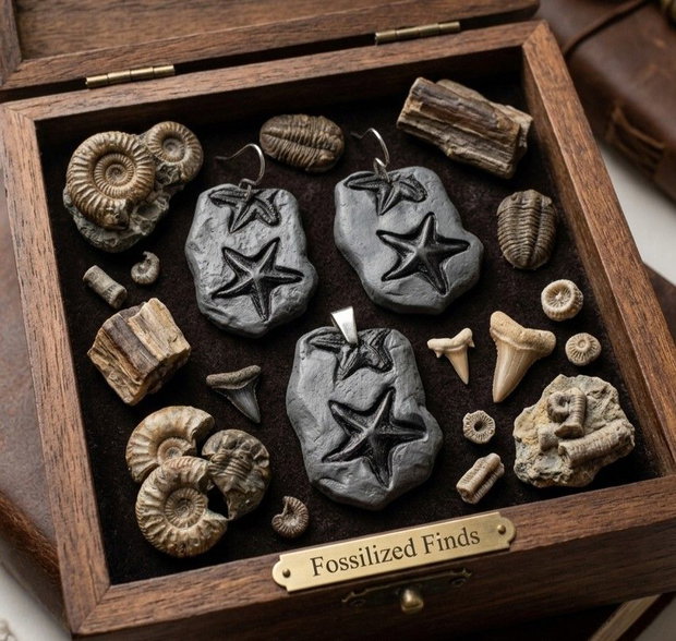 Set compus din cercei si pandandiv, cu tema paleontologica, mulaje cu fosile de stele de mare