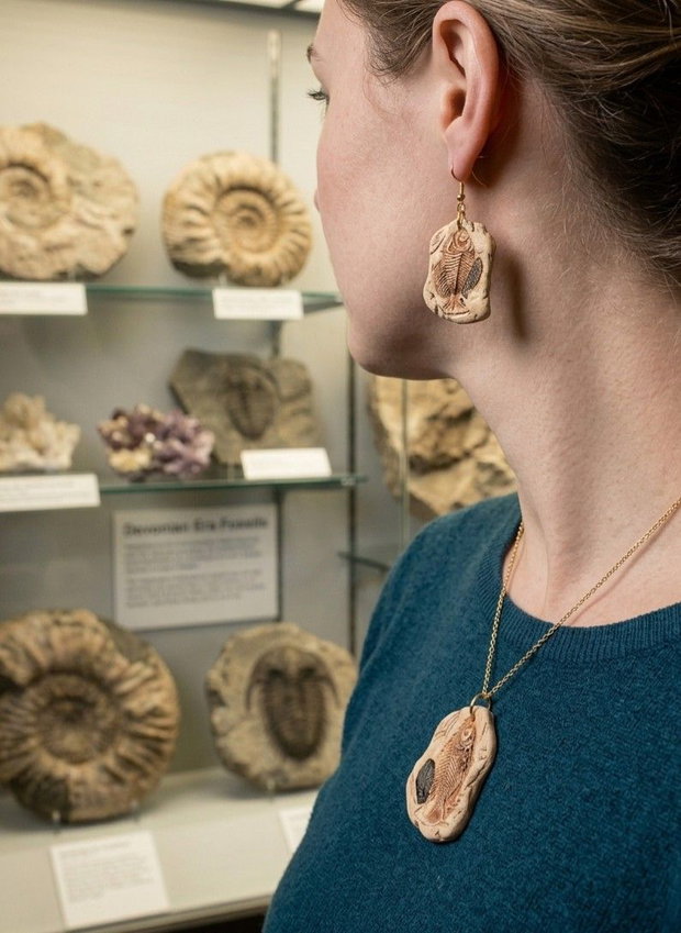 Set compus din cercei si pandandiv, cu tema paleontologica, mulaje cu fosile de paleo pesti
