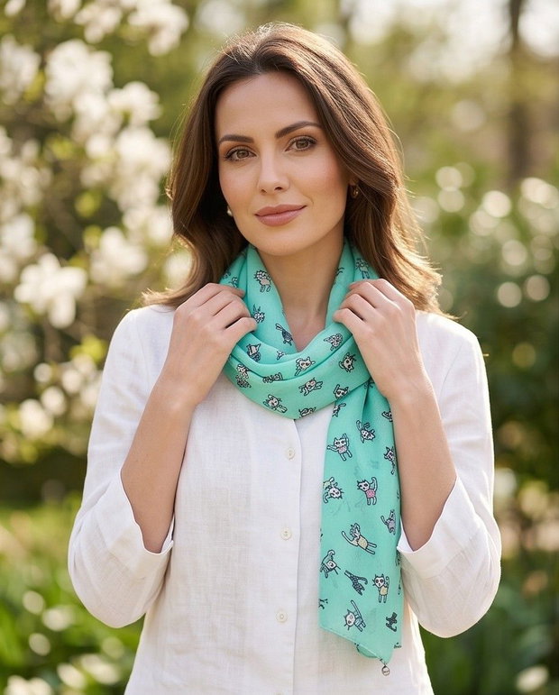 Eșarfa cu PISICI pe VERDE TURQUOISE