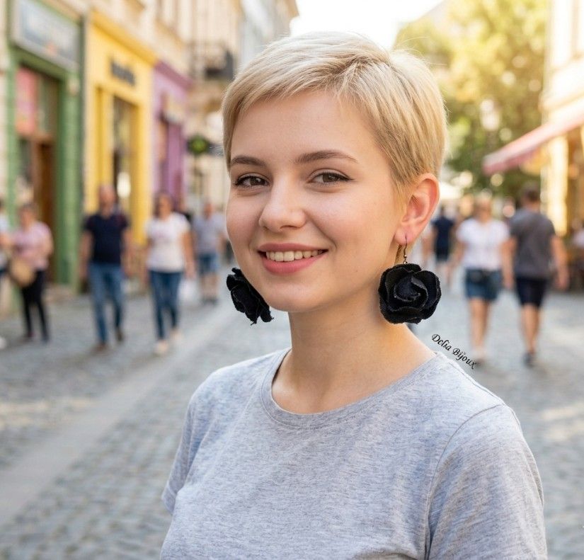 Cercei statement din blugi reciclați flori negre handmade (cod1437)