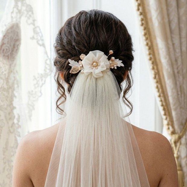 Accesoriu mireasă tip pieptene cu cristale, perle și detalii florale