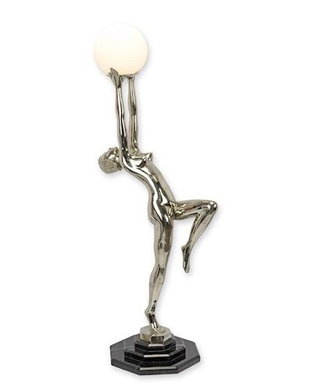 Femeie-lampa Art Deco din bronz cu soclu marmura