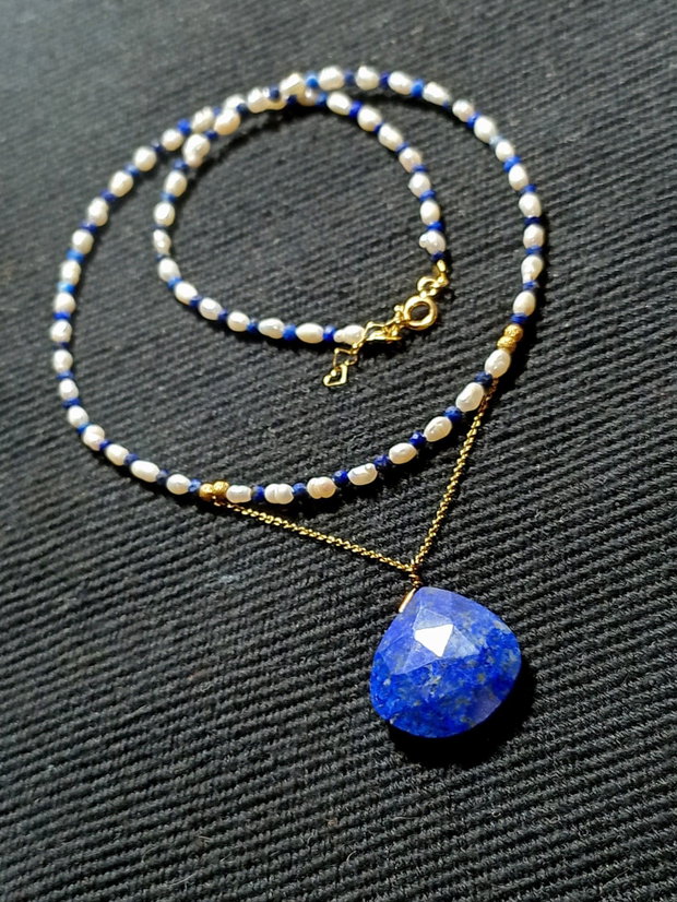 Colier vermeil perle naturale de cultura lapis lazuli lant argint placat cu aur brioleta lapis lazuli minimalist boho chic trendy