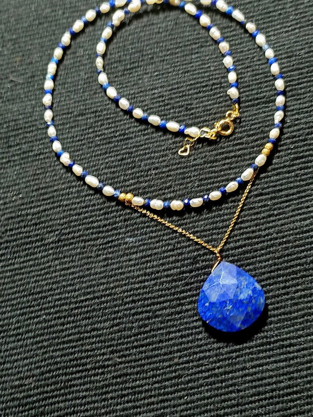 Colier vermeil perle naturale de cultura lapis lazuli lant argint placat cu aur brioleta lapis lazuli minimalist boho chic trendy