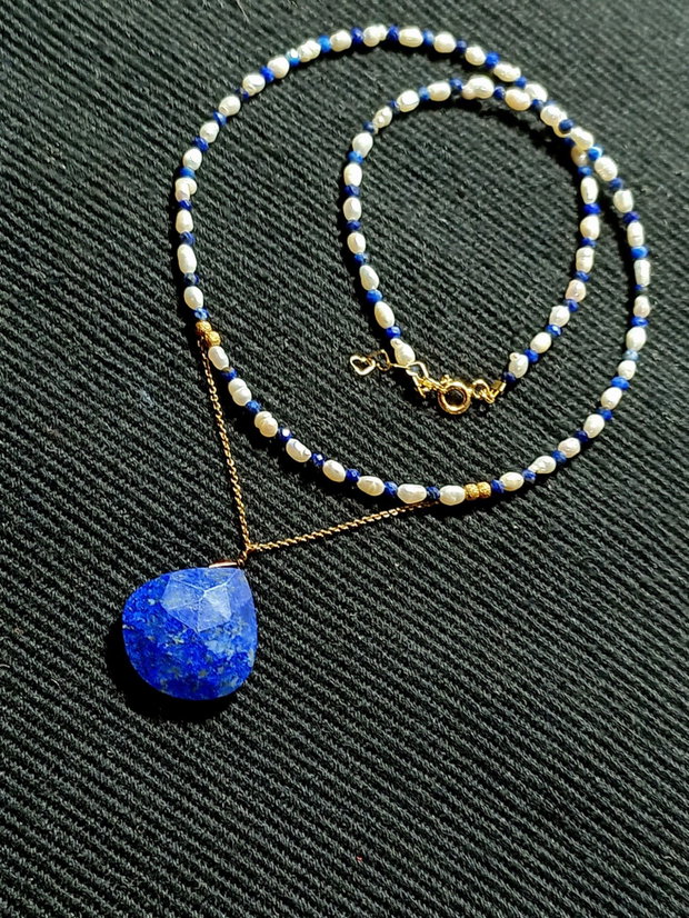 Colier vermeil perle naturale de cultura lapis lazuli lant argint placat cu aur brioleta lapis lazuli minimalist boho chic trendy
