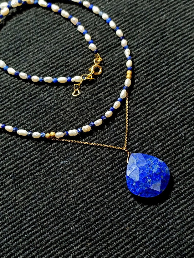 Colier vermeil perle naturale de cultura lapis lazuli lant argint placat cu aur brioleta lapis lazuli minimalist boho chic trendy