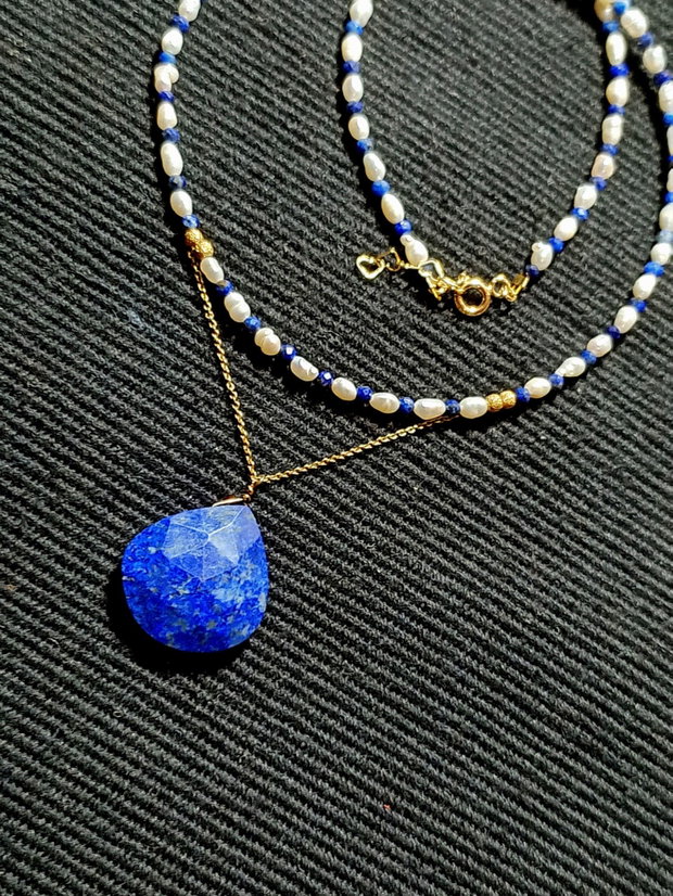 Colier vermeil perle naturale de cultura lapis lazuli lant argint placat cu aur brioleta lapis lazuli minimalist boho chic trendy
