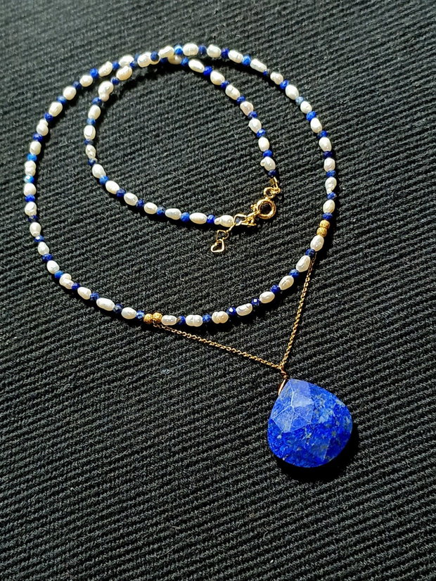 Colier vermeil perle naturale de cultura lapis lazuli lant argint placat cu aur brioleta lapis lazuli minimalist boho chic trendy