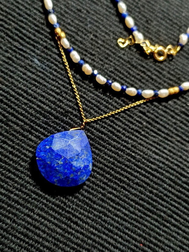 Colier vermeil perle naturale de cultura lapis lazuli lant argint placat cu aur brioleta lapis lazuli minimalist boho chic trendy