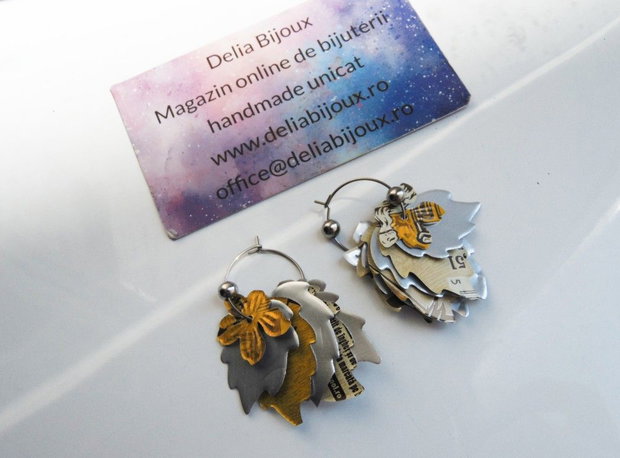 Cercei statement handmade unicat - doze aluminiu reciclate - frunze și flori suprapuse (cod1439)
