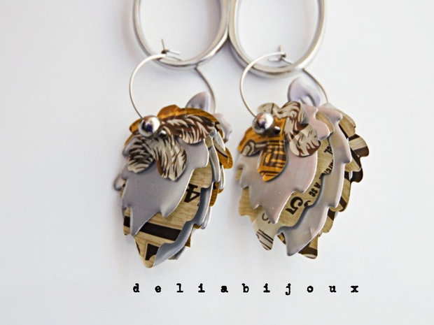 Cercei statement handmade unicat - doze aluminiu reciclate - frunze și flori suprapuse (cod1439)