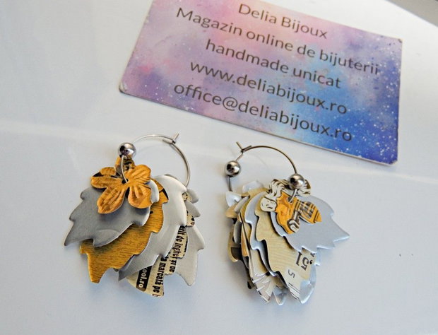 Cercei statement handmade unicat - doze aluminiu reciclate - frunze și flori suprapuse (cod1439)