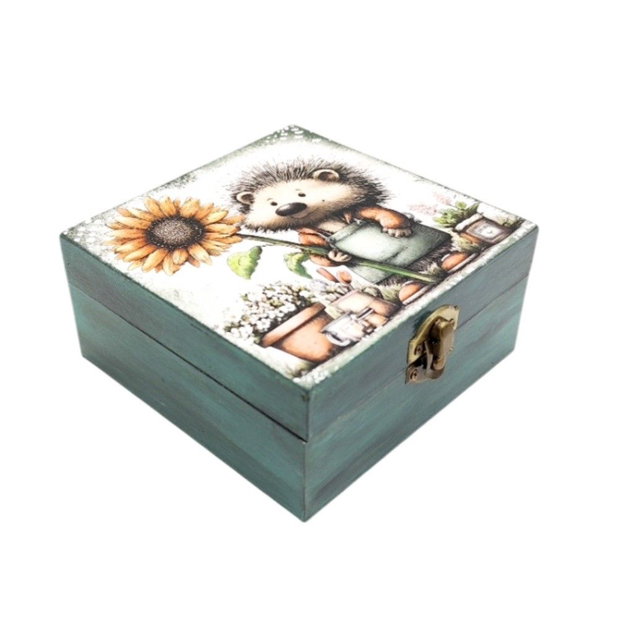 Cutie decorativa din lemn, Arici cu floarea- soarelui, 4671