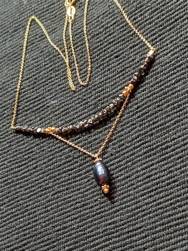 Colier vermeil diamant brut negru perla de cultura neagra lant argint placat cu aur minimalist boho chic trendy