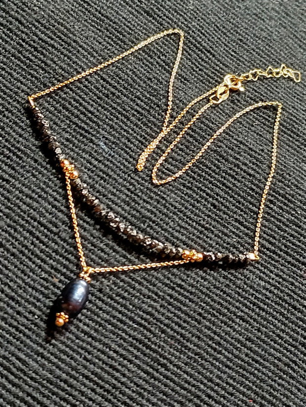 Colier vermeil diamant brut negru perla de cultura neagra lant argint placat cu aur minimalist boho chic trendy