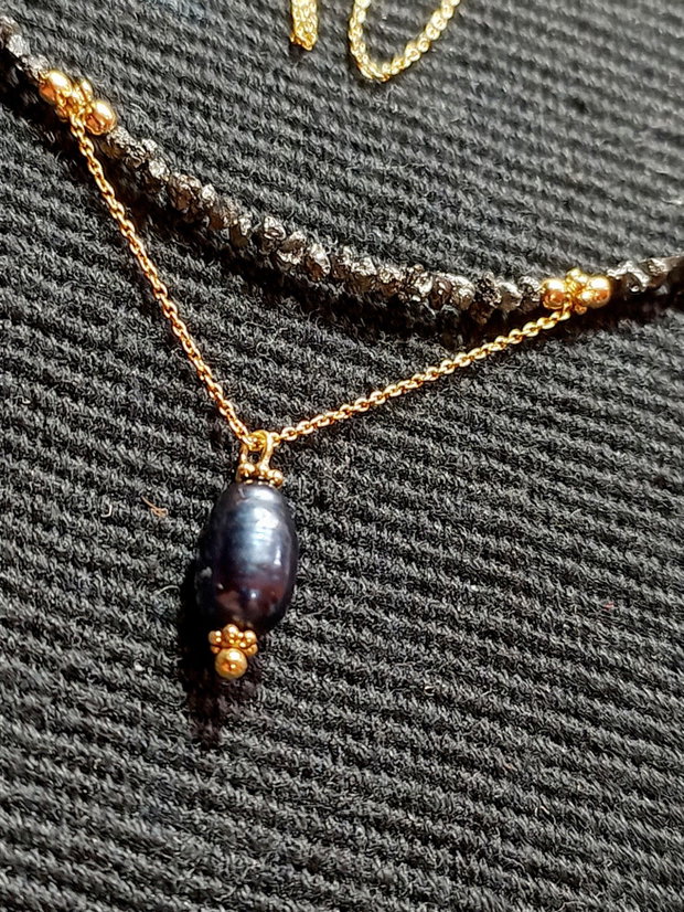 Colier vermeil diamant brut negru perla de cultura neagra lant argint placat cu aur minimalist boho chic trendy