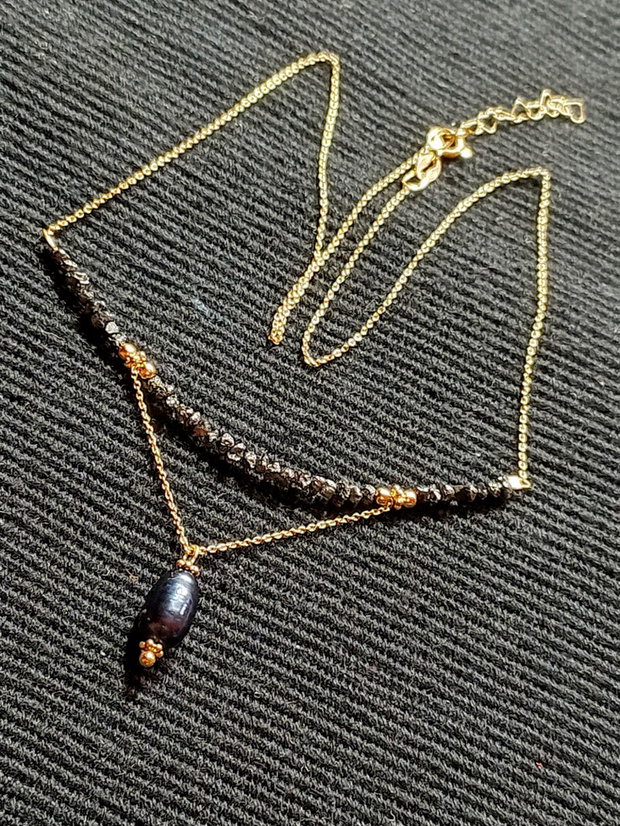 Colier vermeil diamant brut negru perla de cultura neagra lant argint placat cu aur minimalist boho chic trendy