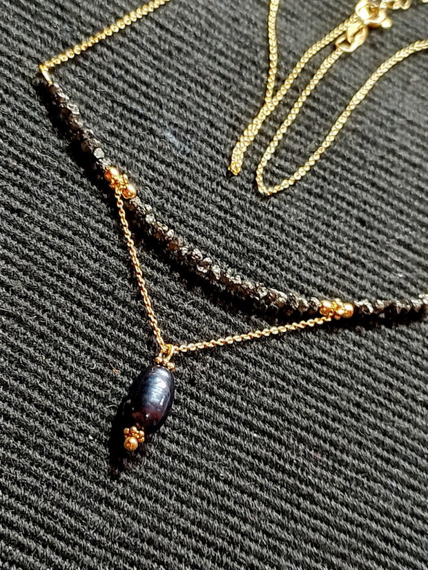 Colier vermeil diamant brut negru perla de cultura neagra lant argint placat cu aur minimalist boho chic trendy