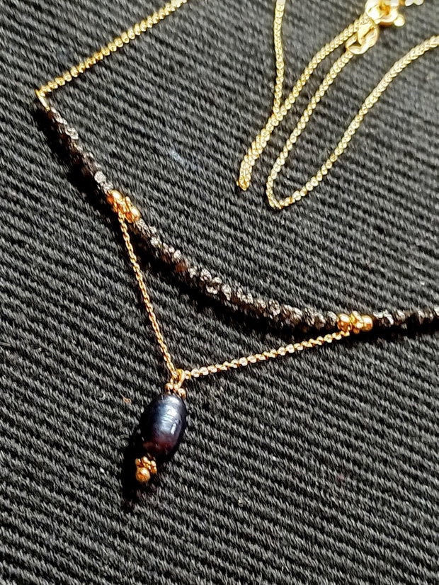 Colier vermeil diamant brut negru perla de cultura neagra lant argint placat cu aur minimalist boho chic trendy