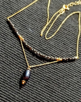 Colier vermeil diamant brut negru perla de cultura neagra lant argint placat cu aur minimalist boho chic trendy