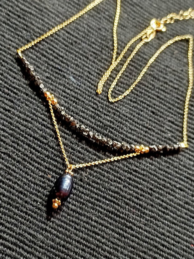 Colier vermeil diamant brut negru perla de cultura neagra lant argint placat cu aur minimalist boho chic trendy