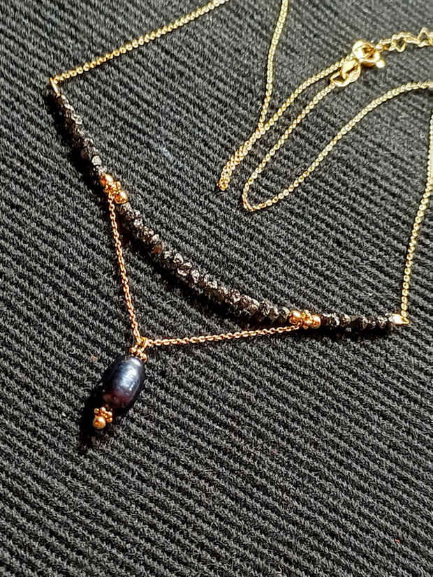 Colier vermeil diamant brut negru perla de cultura neagra lant argint placat cu aur minimalist boho chic trendy