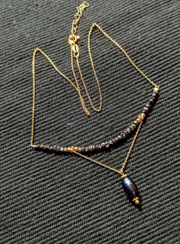 Colier vermeil diamant brut negru perla de cultura neagra lant argint placat cu aur minimalist boho chic trendy