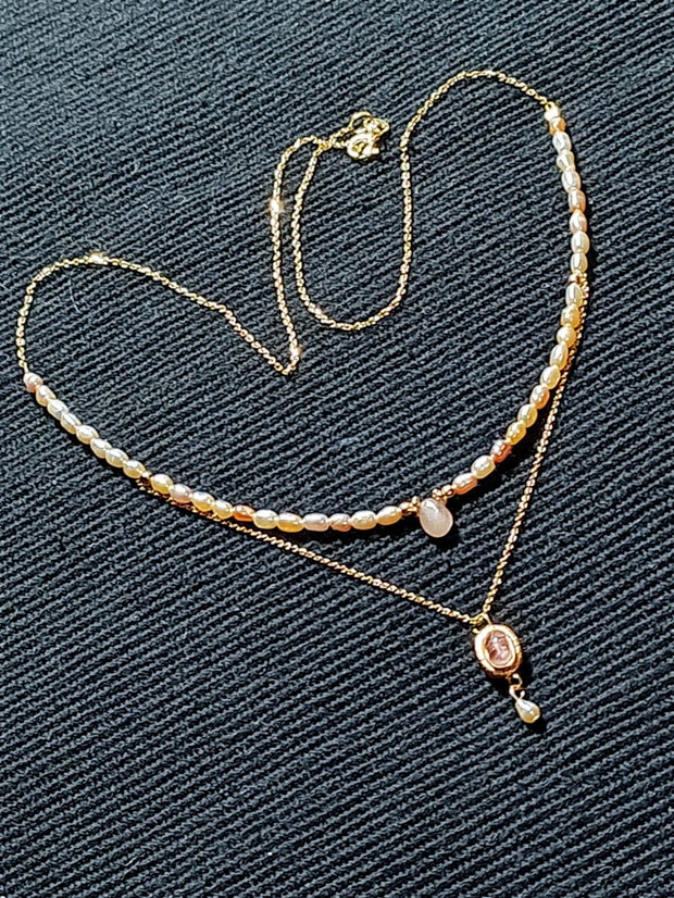 Colier vermeil safir roz perle naturale de cultura somon charm turmalina roz cupru placat cu aur lant argint placat cu aur minimalist boho chic trendy