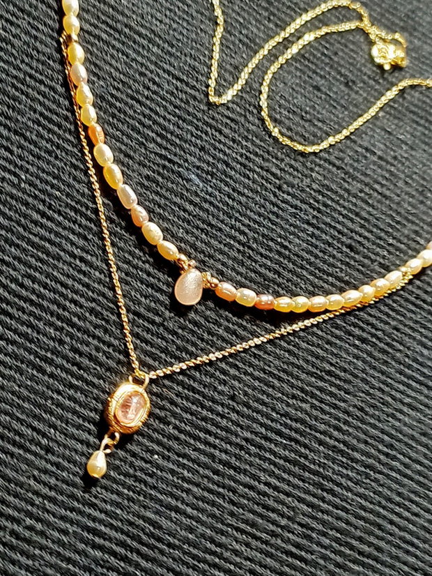 Colier vermeil safir roz perle naturale de cultura somon charm turmalina roz cupru placat cu aur lant argint placat cu aur minimalist boho chic trendy