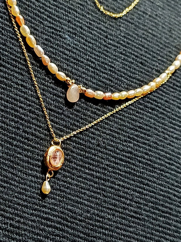 Colier vermeil safir roz perle naturale de cultura somon charm turmalina roz cupru placat cu aur lant argint placat cu aur minimalist boho chic trendy
