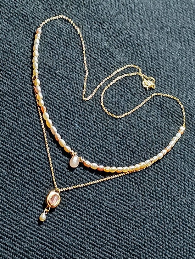 Colier vermeil safir roz perle naturale de cultura somon charm turmalina roz cupru placat cu aur lant argint placat cu aur minimalist boho chic trendy