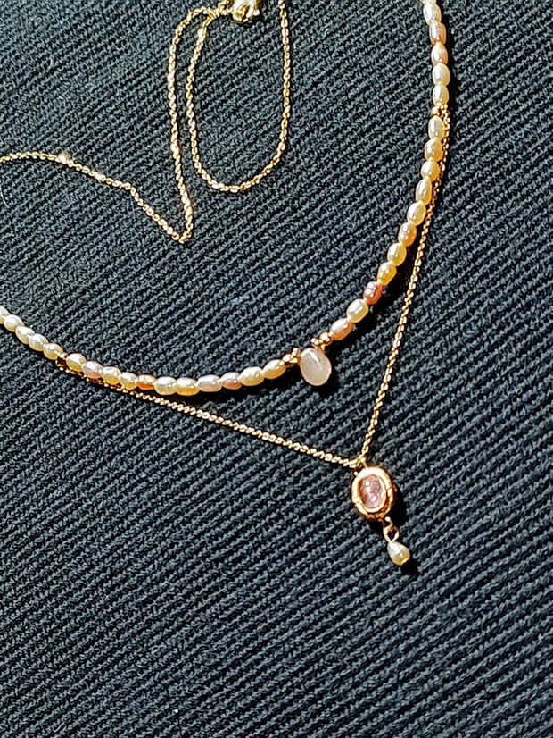 Colier vermeil safir roz perle naturale de cultura somon charm turmalina roz cupru placat cu aur lant argint placat cu aur minimalist boho chic trendy
