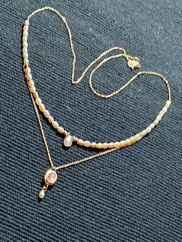 Colier vermeil safir roz perle naturale de cultura somon charm turmalina roz cupru placat cu aur lant argint placat cu aur minimalist boho chic trendy