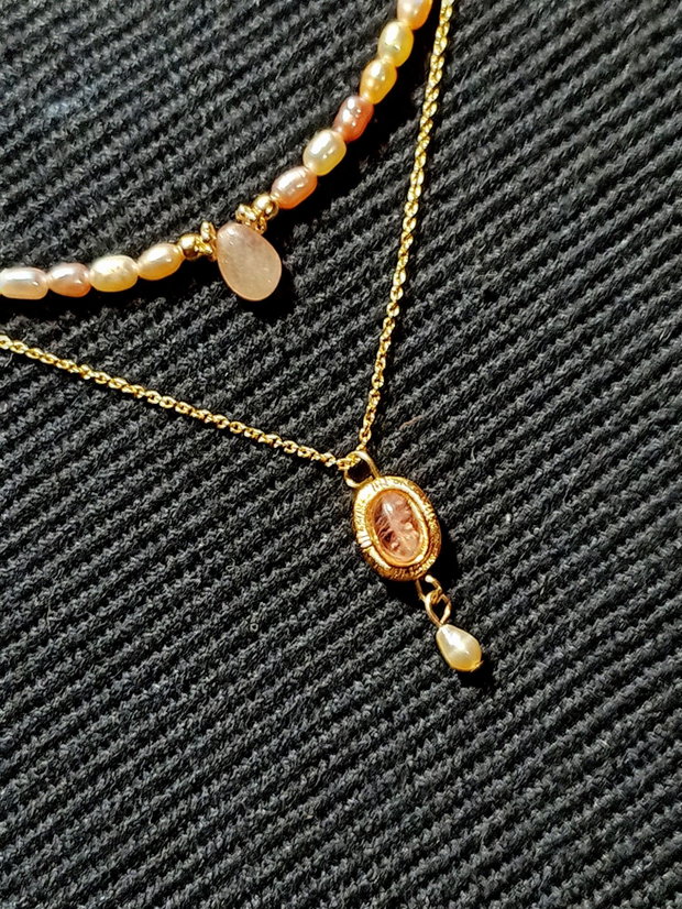 Colier vermeil safir roz perle naturale de cultura somon charm turmalina roz cupru placat cu aur lant argint placat cu aur minimalist boho chic trendy