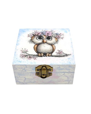 Cutie decorativa din lemn, Bufnita cu coronita roz bleu, 4674