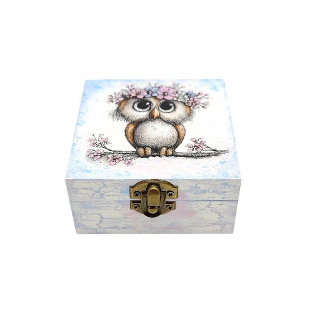 Cutie decorativa din lemn, Bufnita cu coronita roz bleu, 4674