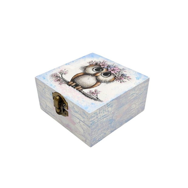 Cutie decorativa din lemn, Bufnita cu coronita roz bleu, 4674