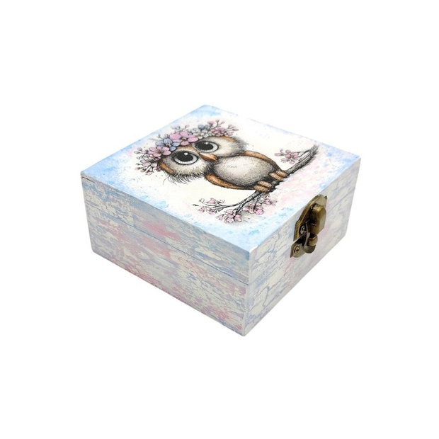 Cutie decorativa din lemn, Bufnita cu coronita roz bleu, 4674