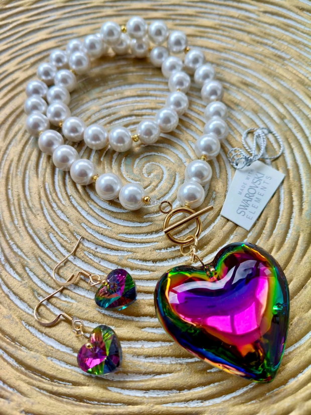 Set Colier si cercei inimi Swarovski & perle albe de Mallorca