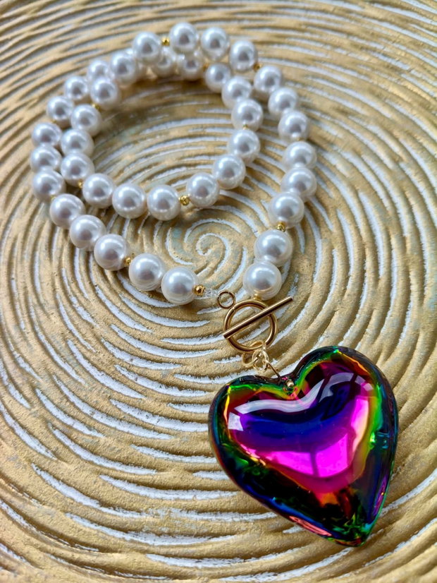 Set Colier si cercei inimi Swarovski & perle albe de Mallorca