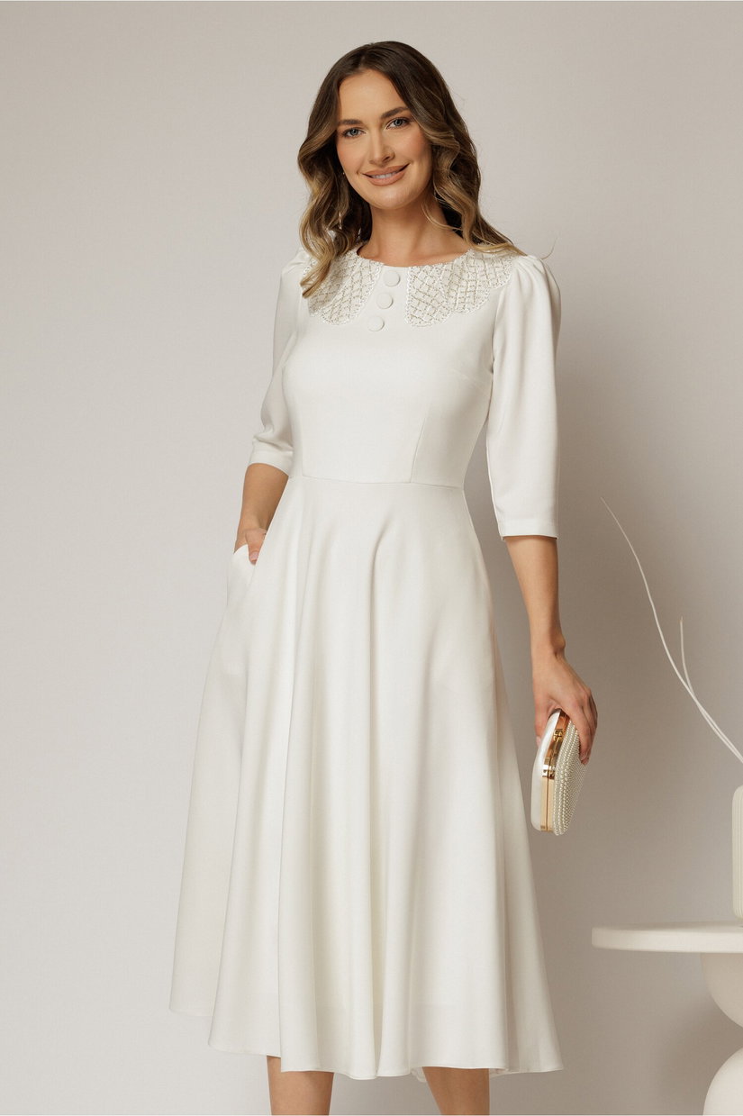 Rochie midi alba de ocazie cu nasturi pe bust si guler cu broderie si margele