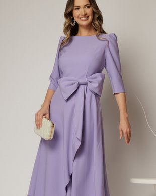 Rochie DY Fashion lila cu funda ampla in talie decolteu rotund maneci trei sferturi