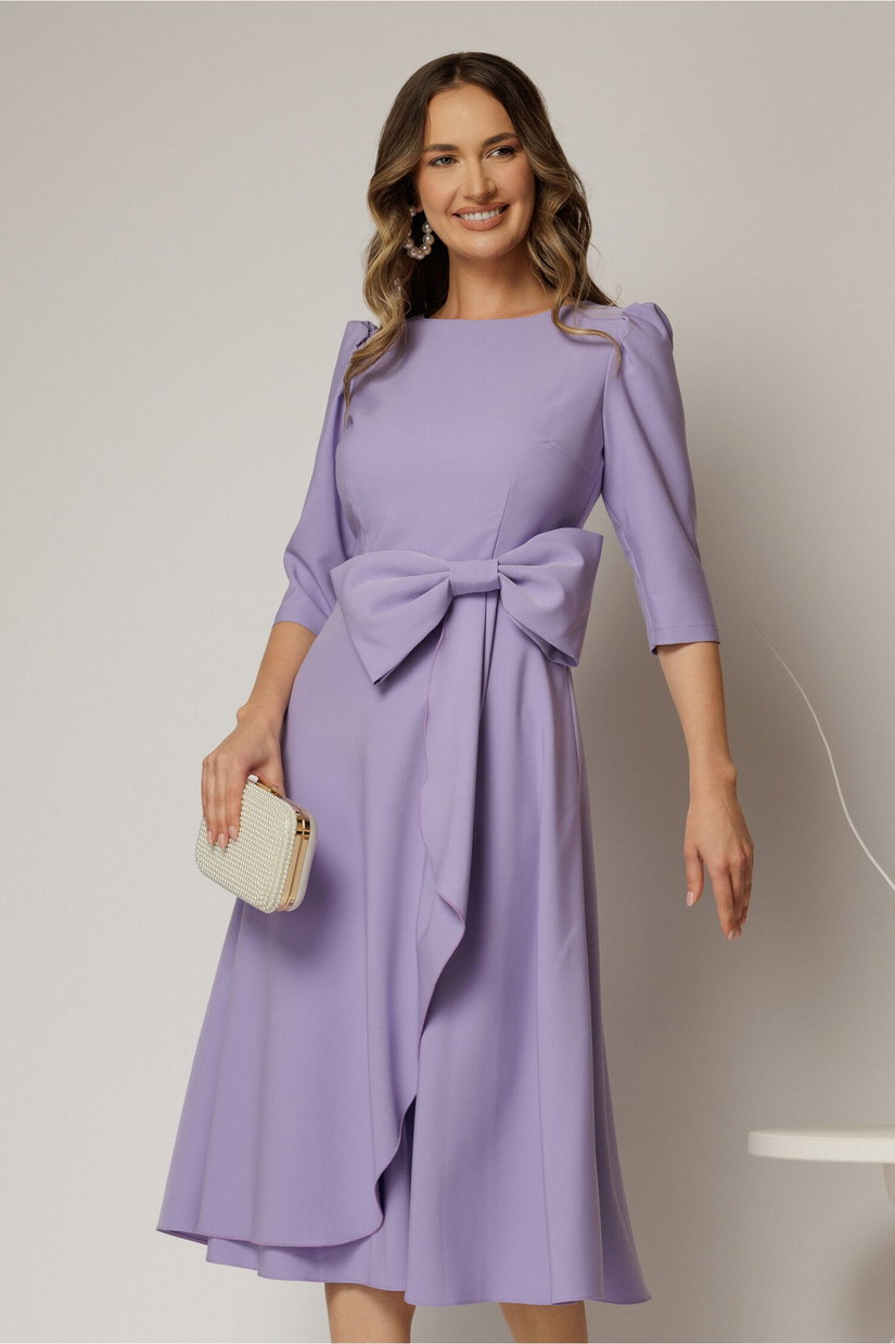 Rochie DY Fashion lila cu funda ampla in talie decolteu rotund maneci trei sferturi