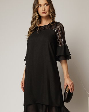Rochie midi neagra cu sidef si paiete la bust
