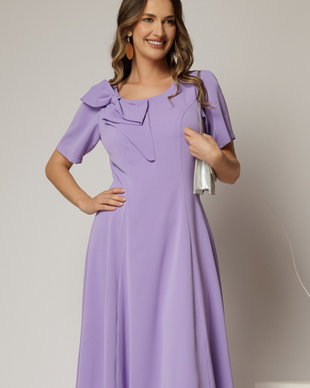 Rochie midi lila cu funda la umar si croi in clini